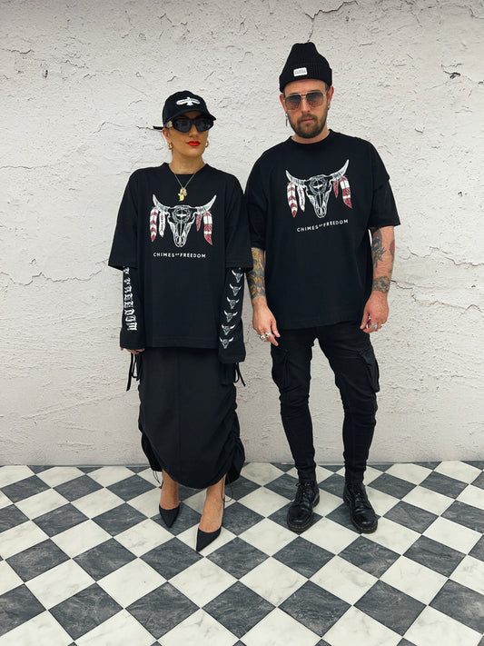 Male and female model wearing matching ramskull graphic t-shirts