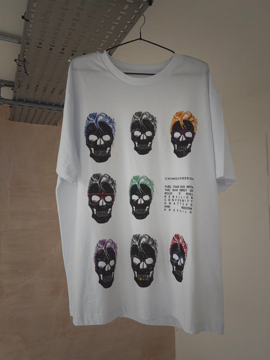 A white t-shirt with skull design hanging