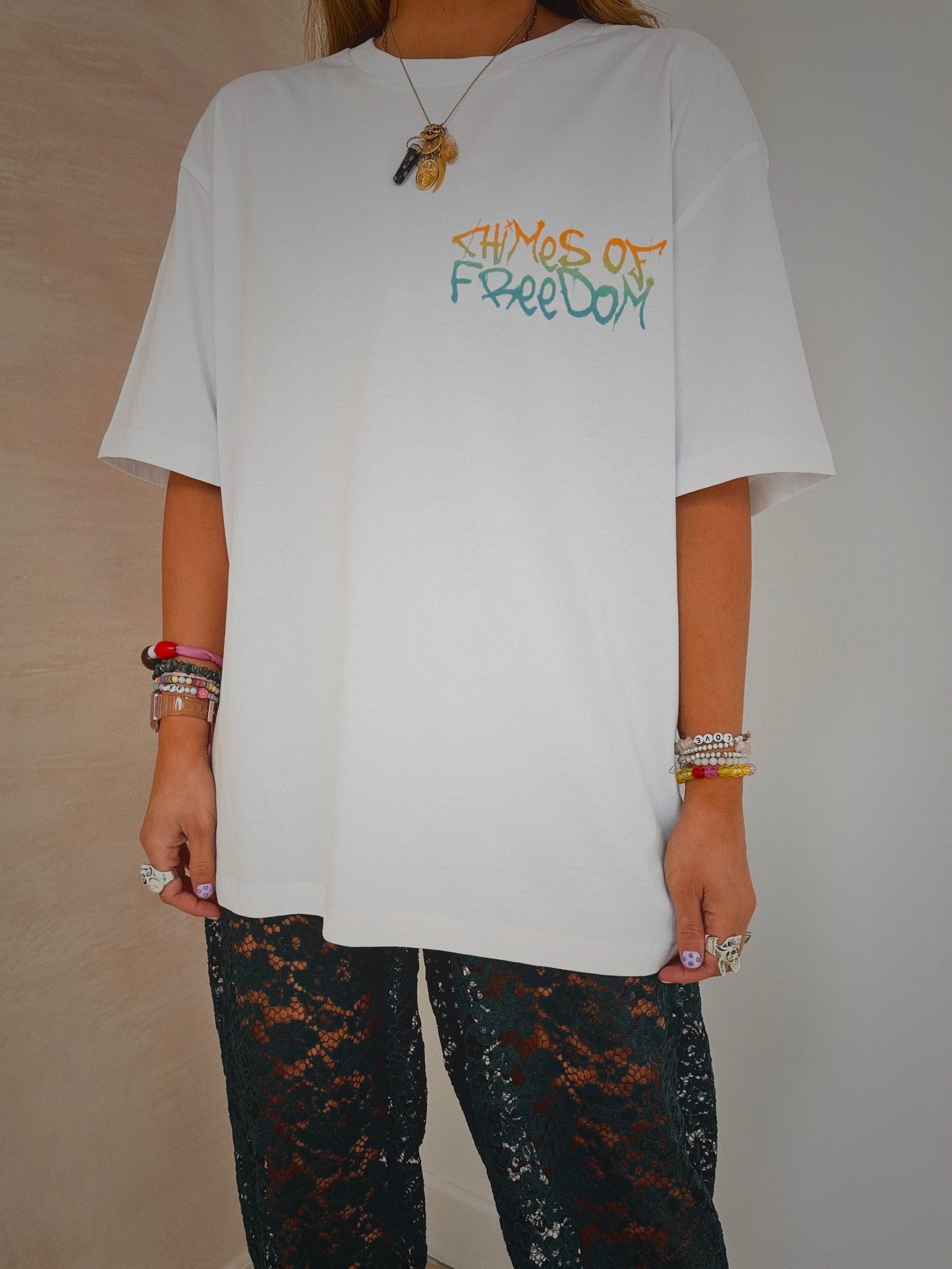 Chimes of Freedom Ombre Slogan T-Shirt In White